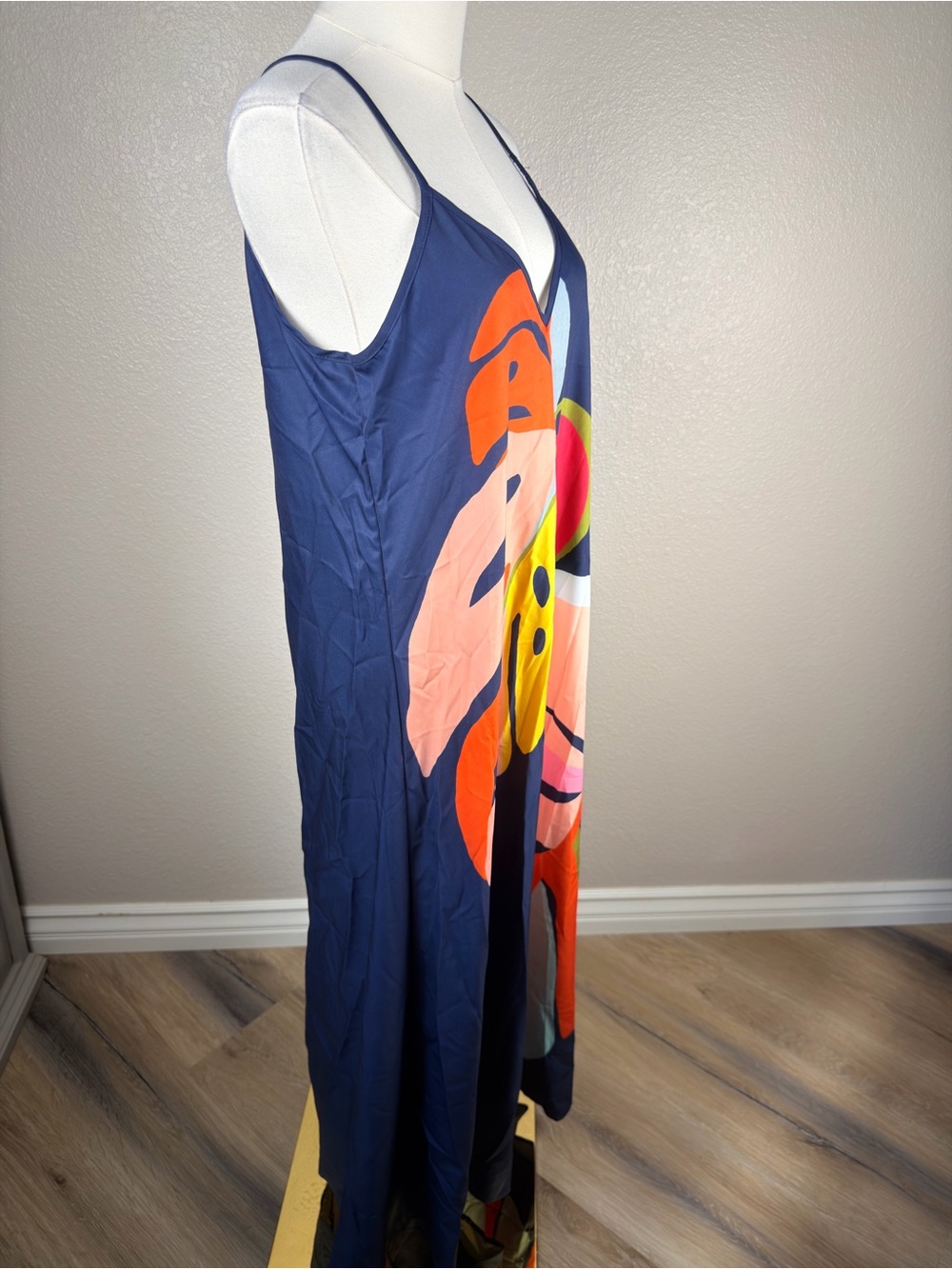 NWOT Navy Multicolor Abstract V‑Neck Maxi Dress Boho Loose fitting, Medium - Picture 4 of 6